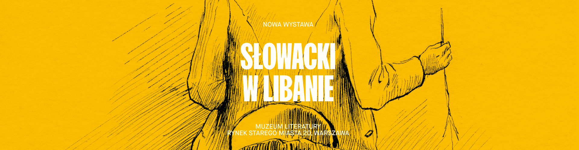 napis Słowacki w Libanie na żółtym tle z motywem graficznym przedstawiającym wędrowca na koniu